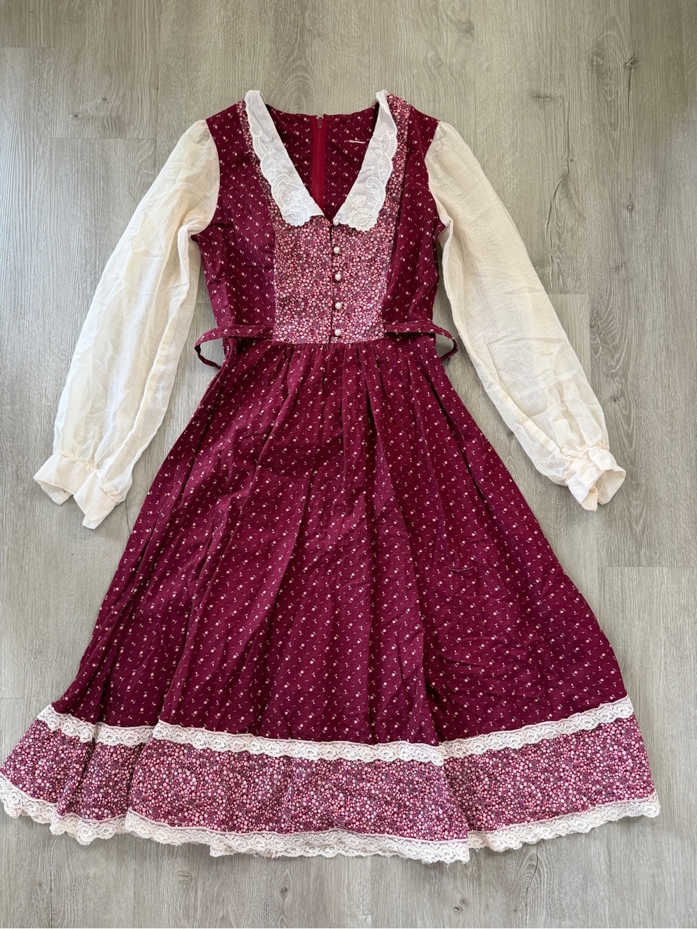 Vintage Burgundy 70’s Gunne Inspired Calico Midi Prairie peasant Dress XS